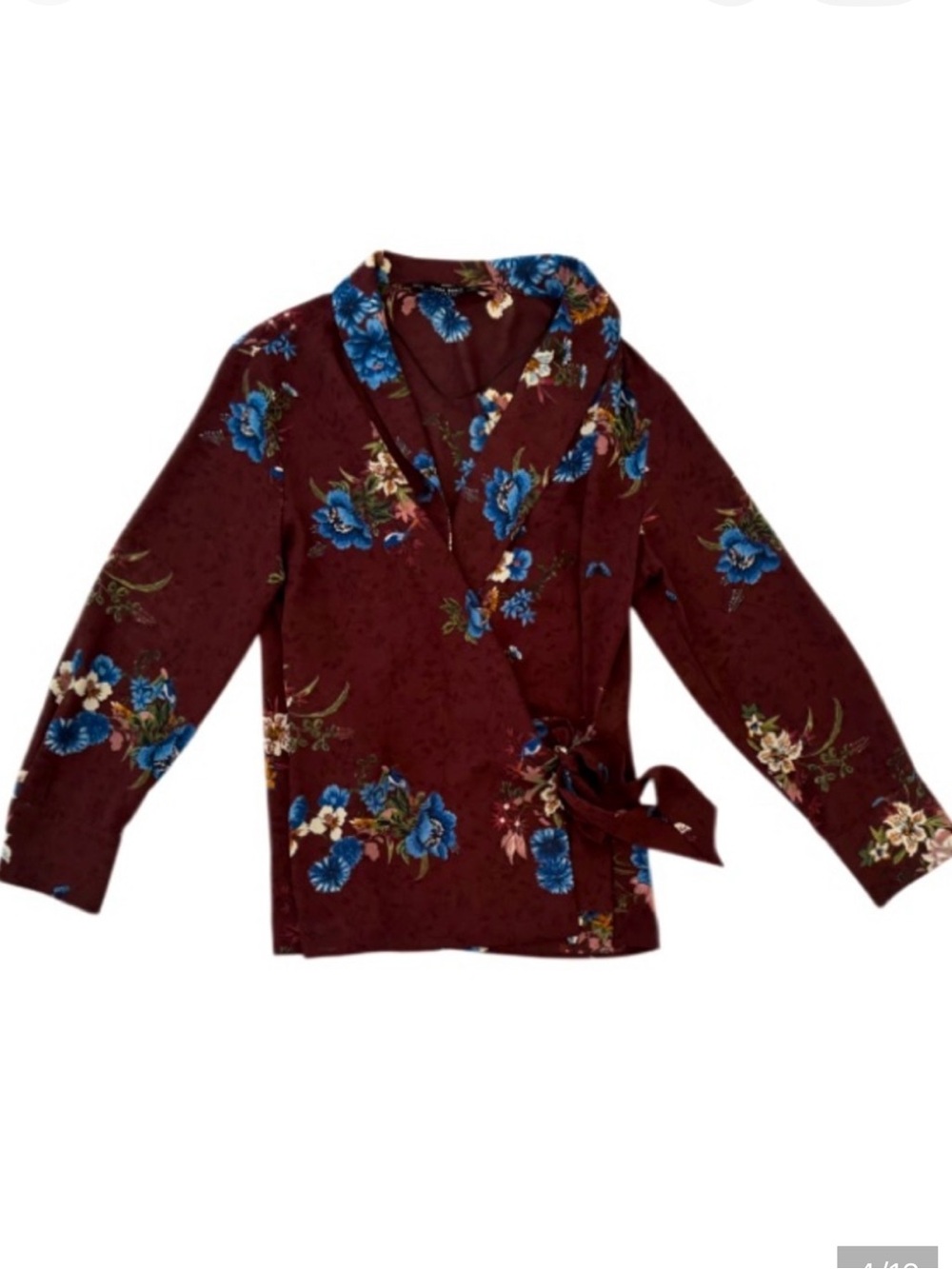 Zara Women's Floral Wrap Long Sleeve Lightweight Blouse Top, Burgundy, Size S - Picture 6 of 11